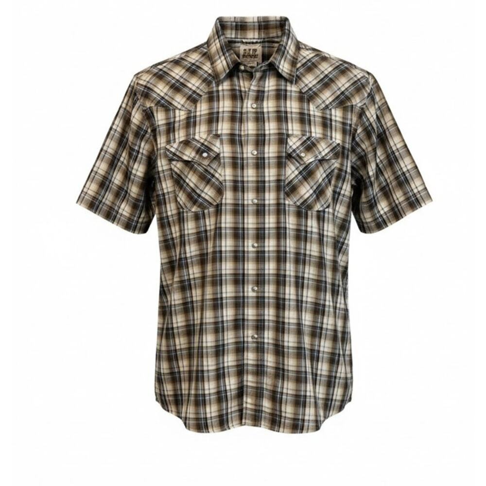 Ely Cattleman Western Shirt Mens Large Brown Plaid Pearl Snap Cowboy Rodeo‎